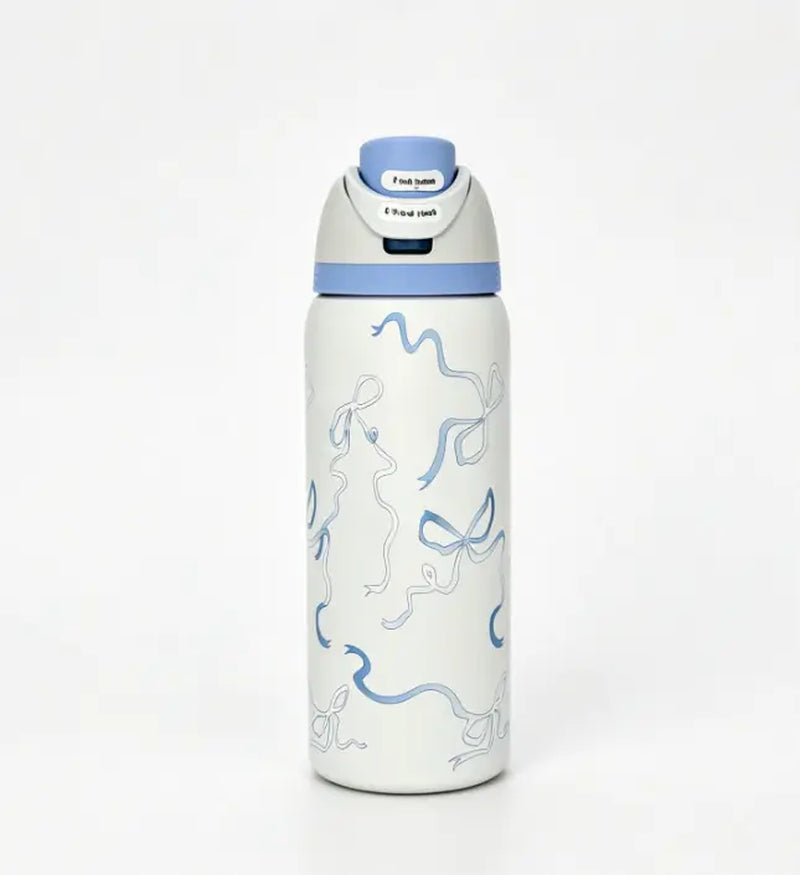 Owala 32 oz Coquette Blue Bow Insulated Stainless Steel Water Bottle - Leakproof Travel Mug with 24-Hour Cold Retention, Elegant Portable Flask for Summer Use
