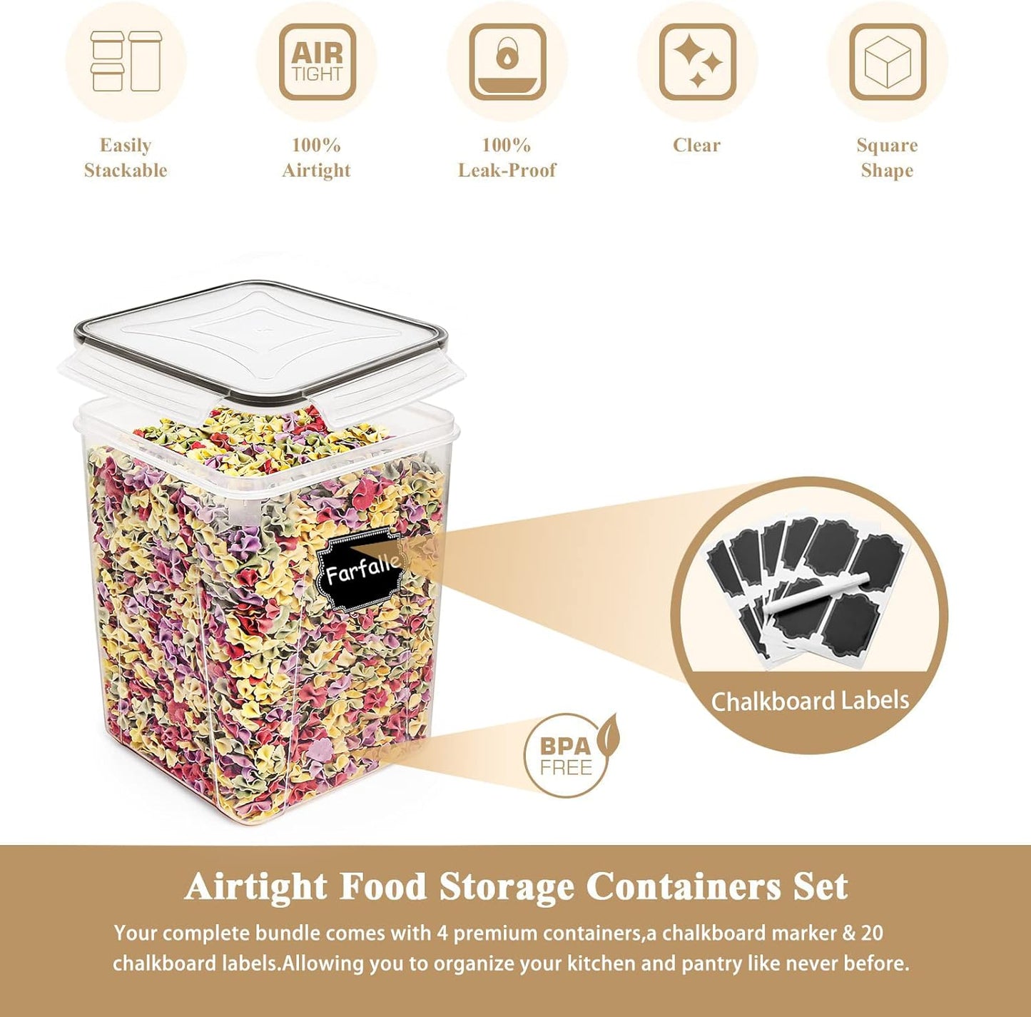 Large 5.2L (175oz) BPA-Free Airtight Food Storage Containers - Set of 4 for Flour, Sugar, and Baking Supplies with 20 Labels