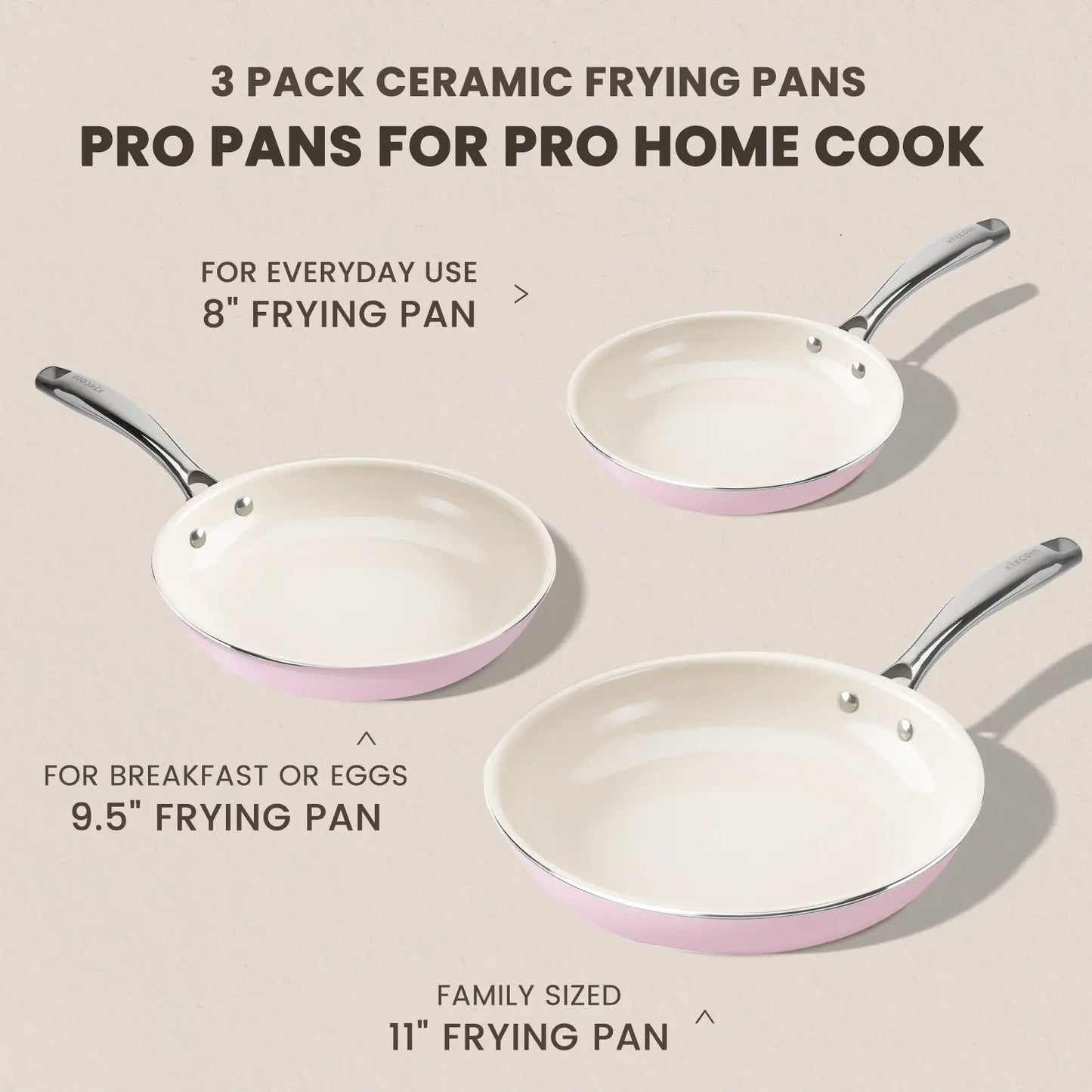 Kikcoin Ceramic Nonstick Frying Pan Set, 8", 9.5", and 11" Skillets, PFAS, PTFE, and PFOA Free, Dishwasher and Oven Safe with Stay Cool Handle