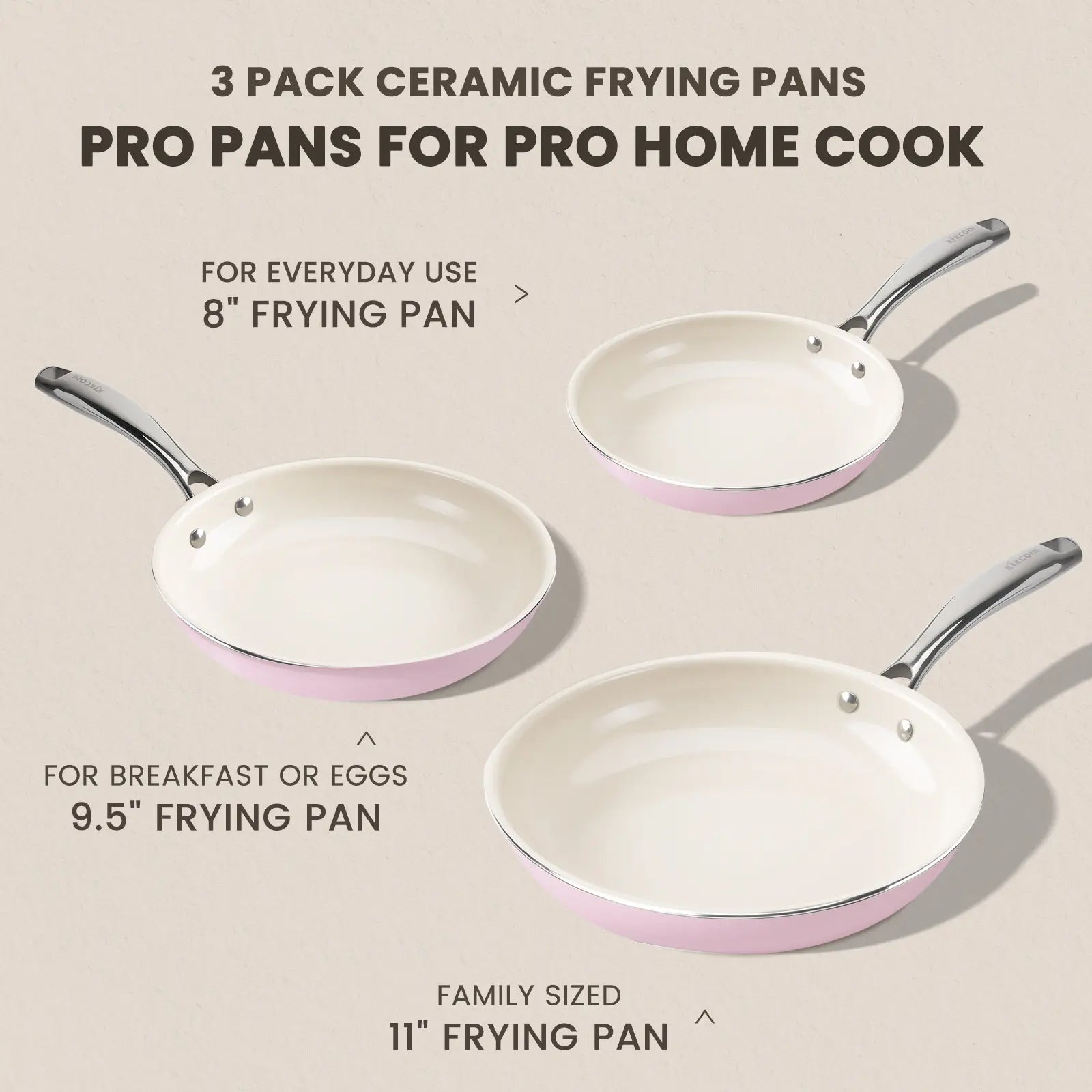 Kikcoin Ceramic Nonstick Frying Pan Set, 8", 9.5", and 11" Skillets, PFAS, PTFE, and PFOA Free, Dishwasher and Oven Safe with Stay Cool Handle