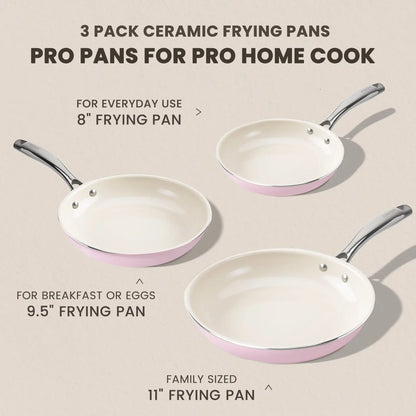 Kikcoin Ceramic Nonstick Frying Pan Set, 8", 9.5", and 11" Skillets, PFAS, PTFE, and PFOA Free, Dishwasher and Oven Safe with Stay Cool Handle