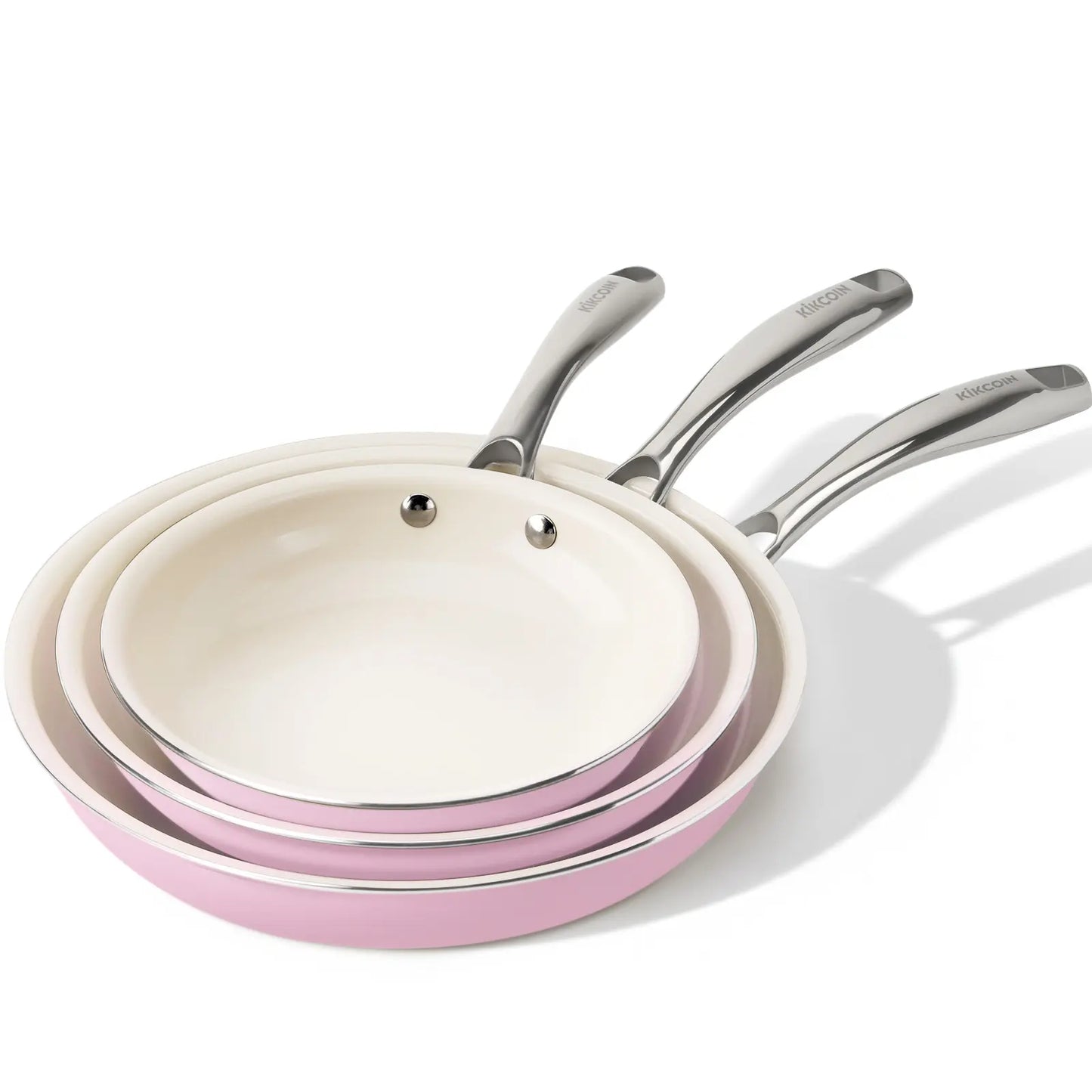 Kikcoin Ceramic Nonstick Frying Pan Set, 8", 9.5", and 11" Skillets, PFAS, PTFE, and PFOA Free, Dishwasher and Oven Safe with Stay Cool Handle