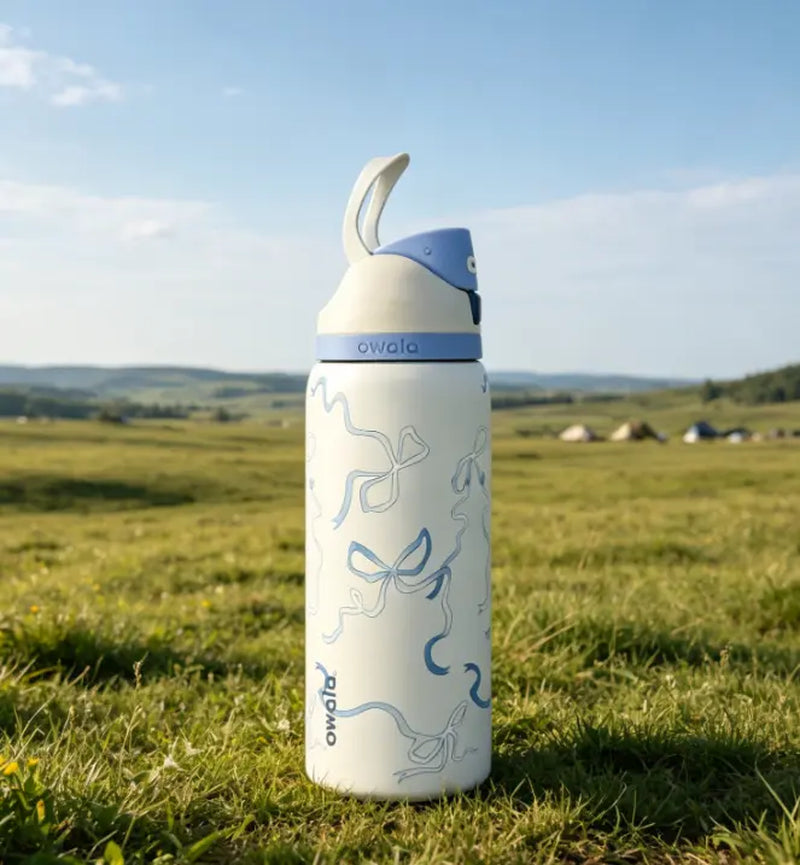 Owala 32 oz Coquette Blue Bow Insulated Stainless Steel Water Bottle - Leakproof Travel Mug with 24-Hour Cold Retention, Elegant Portable Flask for Summer Use