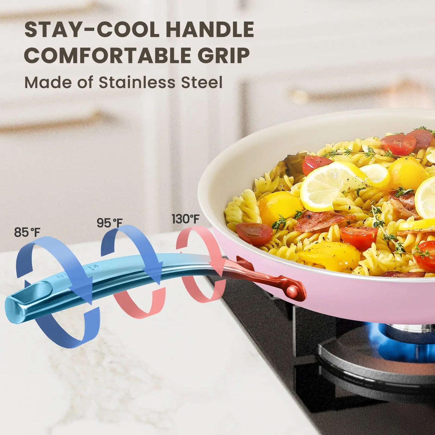 Kikcoin Ceramic Nonstick Frying Pan Set, 8", 9.5", and 11" Skillets, PFAS, PTFE, and PFOA Free, Dishwasher and Oven Safe with Stay Cool Handle