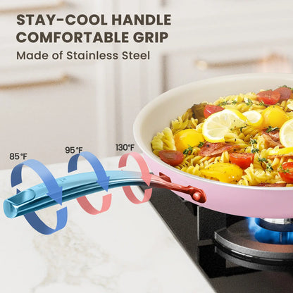 Kikcoin Ceramic Nonstick Frying Pan Set, 8", 9.5", and 11" Skillets, PFAS, PTFE, and PFOA Free, Dishwasher and Oven Safe with Stay Cool Handle