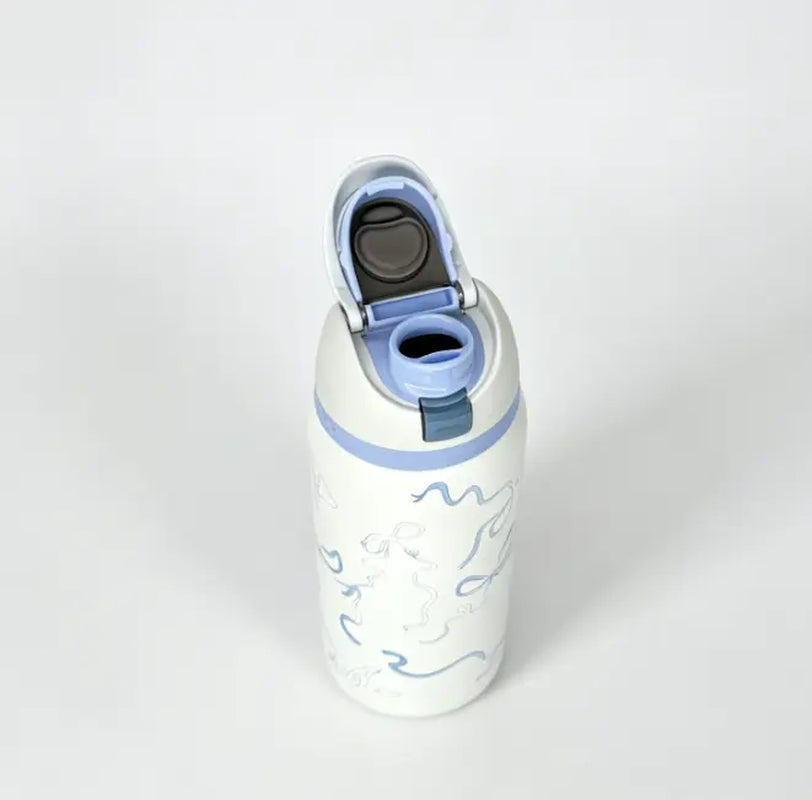 Owala 32 oz Coquette Blue Bow Insulated Stainless Steel Water Bottle - Leakproof Travel Mug with 24-Hour Cold Retention, Elegant Portable Flask for Summer Use