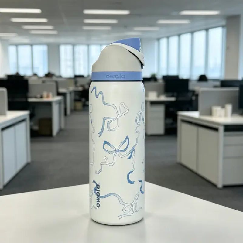 Owala 32 oz Coquette Blue Bow Insulated Stainless Steel Water Bottle - Leakproof Travel Mug with 24-Hour Cold Retention, Elegant Portable Flask for Summer Use