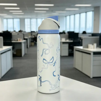 Owala 32 oz Coquette Blue Bow Insulated Stainless Steel Water Bottle - Leakproof Travel Mug with 24-Hour Cold Retention, Elegant Portable Flask for Summer Use