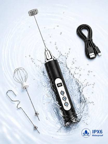 ODIFORGO Advanced IPX6 Waterproof Rechargeable Milk Frother with 3-Speed Settings, LED Display, and 3 Interchangeable Whisks for Coffee, Latte, Cappuccino, Matcha, Eggs, Cream, and Protein Shakes