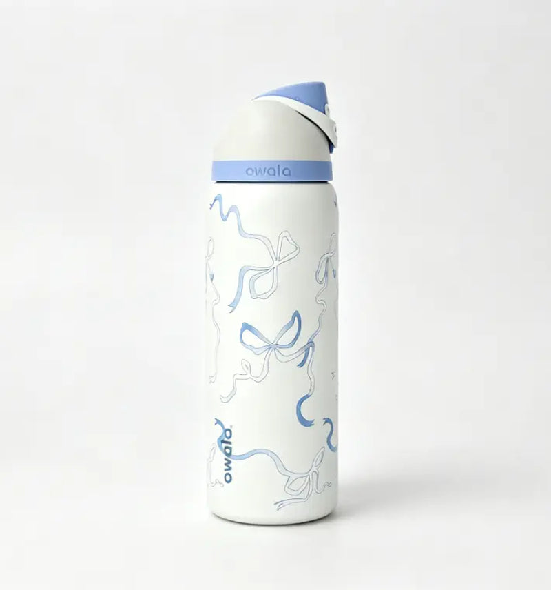 Owala 32 oz Coquette Blue Bow Insulated Stainless Steel Water Bottle - Leakproof Travel Mug with 24-Hour Cold Retention, Elegant Portable Flask for Summer Use