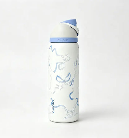Owala 32 oz Coquette Blue Bow Insulated Stainless Steel Water Bottle - Leakproof Travel Mug with 24-Hour Cold Retention, Elegant Portable Flask for Summer Use