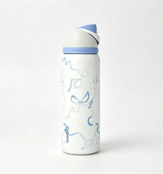 Owala 32 oz Coquette Blue Bow Insulated Stainless Steel Water Bottle - Leakproof Travel Mug with 24-Hour Cold Retention, Elegant Portable Flask for Summer Use