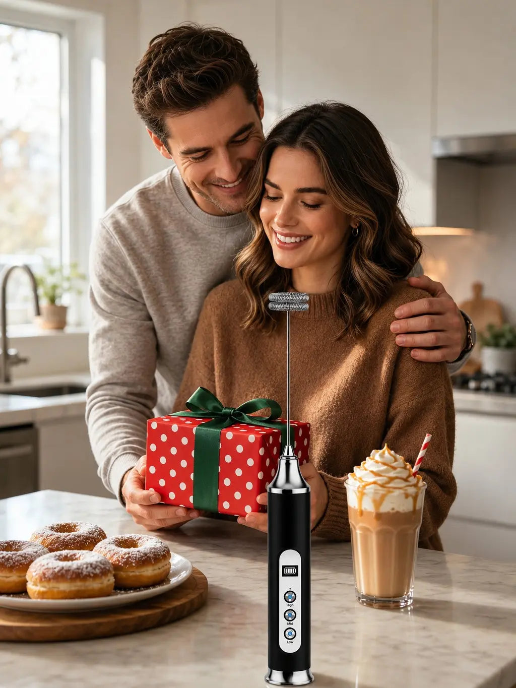ODIFORGO Advanced IPX6 Waterproof Rechargeable Milk Frother with 3-Speed Settings, LED Display, and 3 Interchangeable Whisks for Coffee, Latte, Cappuccino, Matcha, Eggs, Cream, and Protein Shakes