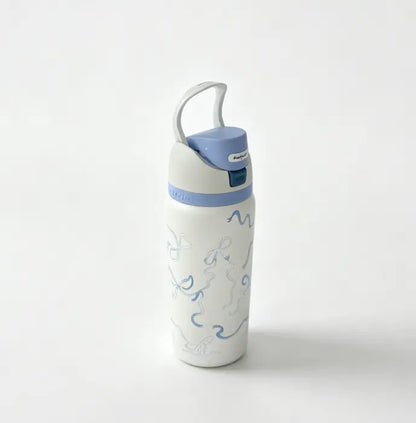 Owala 32 oz Coquette Blue Bow Insulated Stainless Steel Water Bottle - Leakproof Travel Mug with 24-Hour Cold Retention, Elegant Portable Flask for Summer Use