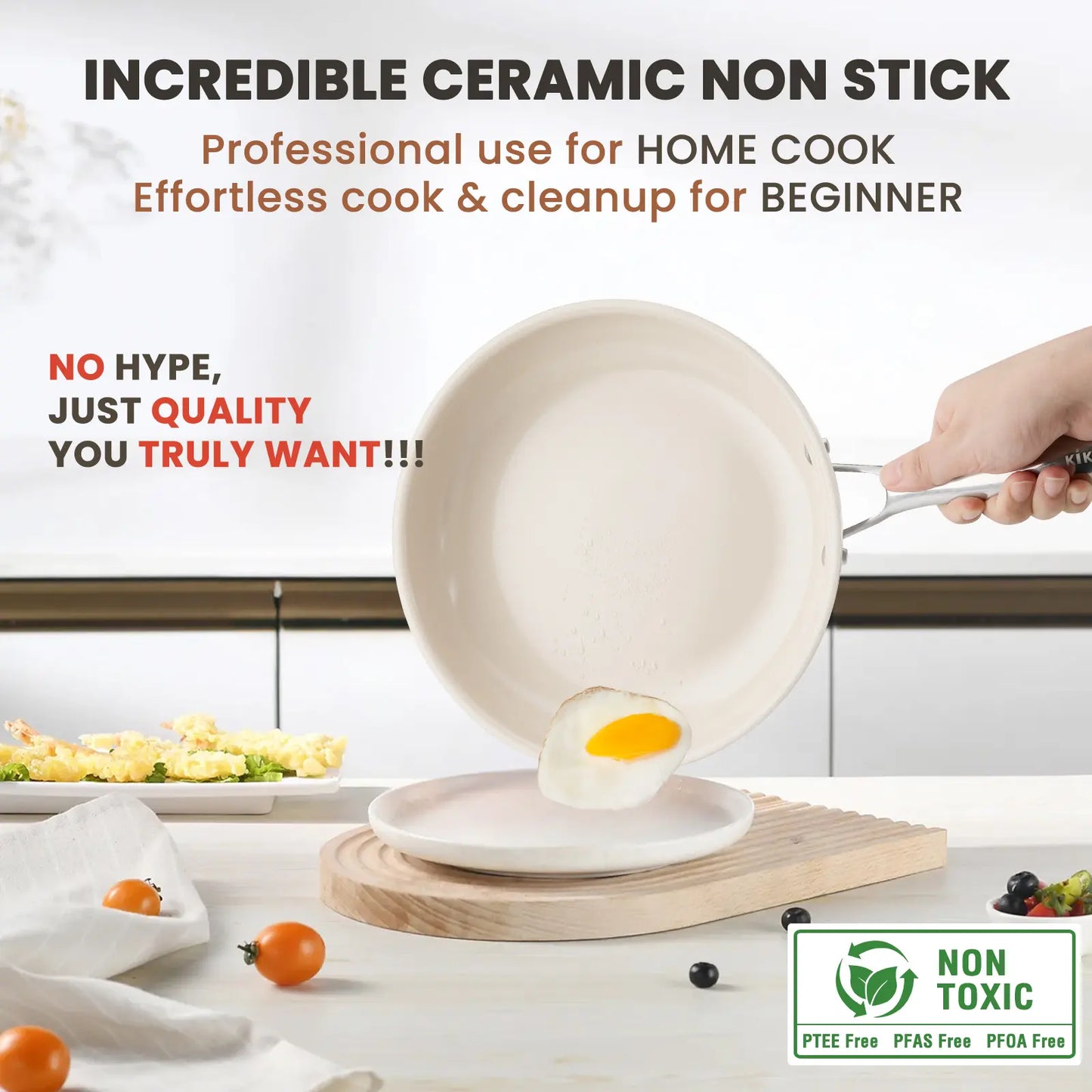 Kikcoin Ceramic Nonstick Frying Pan Set, 8", 9.5", and 11" Skillets, PFAS, PTFE, and PFOA Free, Dishwasher and Oven Safe with Stay Cool Handle