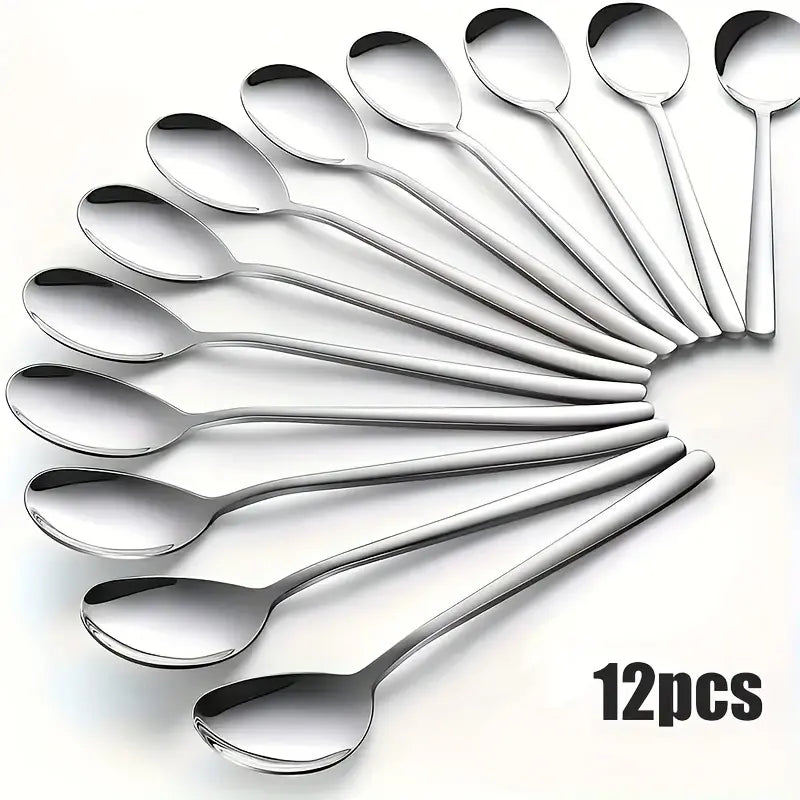 12-Piece Stainless Steel Korean Teaspoon Set, 7.28-Inch Durable Soup Spoons, Mirror-Polished and Dishwasher Safe Tableware, Ideal for Rice, Cream Soups, Desserts, and Oatmeal for Home and Restaurant Use