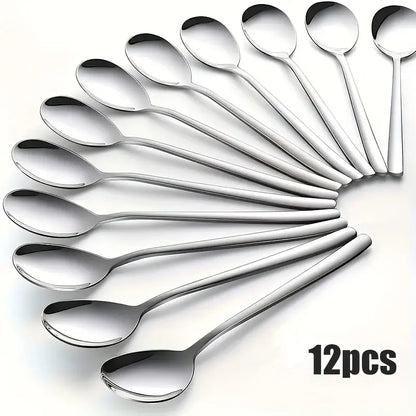 12-Piece Stainless Steel Korean Teaspoon Set, 7.28-Inch Durable Soup Spoons, Mirror-Polished and Dishwasher Safe Tableware, Ideal for Rice, Cream Soups, Desserts, and Oatmeal for Home and Restaurant Use