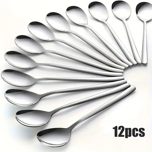 12-Piece Stainless Steel Korean Teaspoon Set, 7.28-Inch Durable Soup Spoons, Mirror-Polished and Dishwasher Safe Tableware, Ideal for Rice, Cream Soups, Desserts, and Oatmeal for Home and Restaurant Use