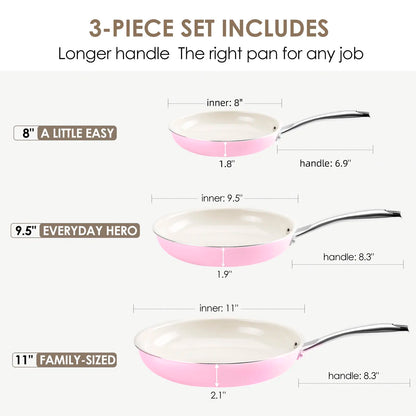Kikcoin Ceramic Nonstick Frying Pan Set, 8", 9.5", and 11" Skillets, PFAS, PTFE, and PFOA Free, Dishwasher and Oven Safe with Stay Cool Handle