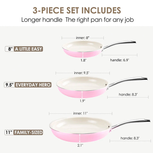 Kikcoin Ceramic Nonstick Frying Pan Set, 8", 9.5", and 11" Skillets, PFAS, PTFE, and PFOA Free, Dishwasher and Oven Safe with Stay Cool Handle
