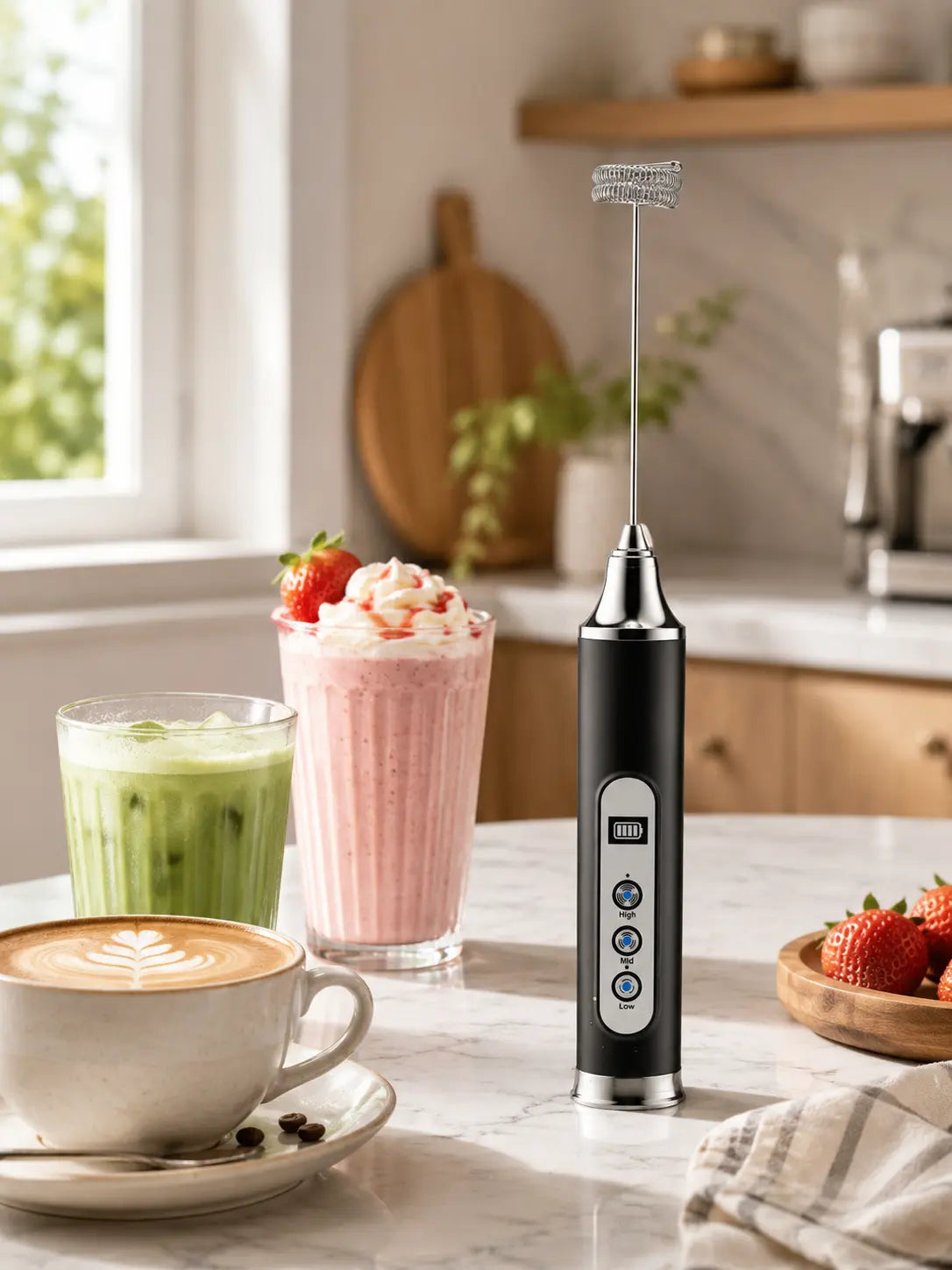 ODIFORGO Advanced IPX6 Waterproof Rechargeable Milk Frother with 3-Speed Settings, LED Display, and 3 Interchangeable Whisks for Coffee, Latte, Cappuccino, Matcha, Eggs, Cream, and Protein Shakes