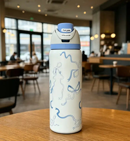 Owala 32 oz Coquette Blue Bow Insulated Stainless Steel Water Bottle - Leakproof Travel Mug with 24-Hour Cold Retention, Elegant Portable Flask for Summer Use